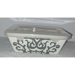 Temptations grey, white damask floral 14oz. Mini Loaf Pan Ovenware w/lid